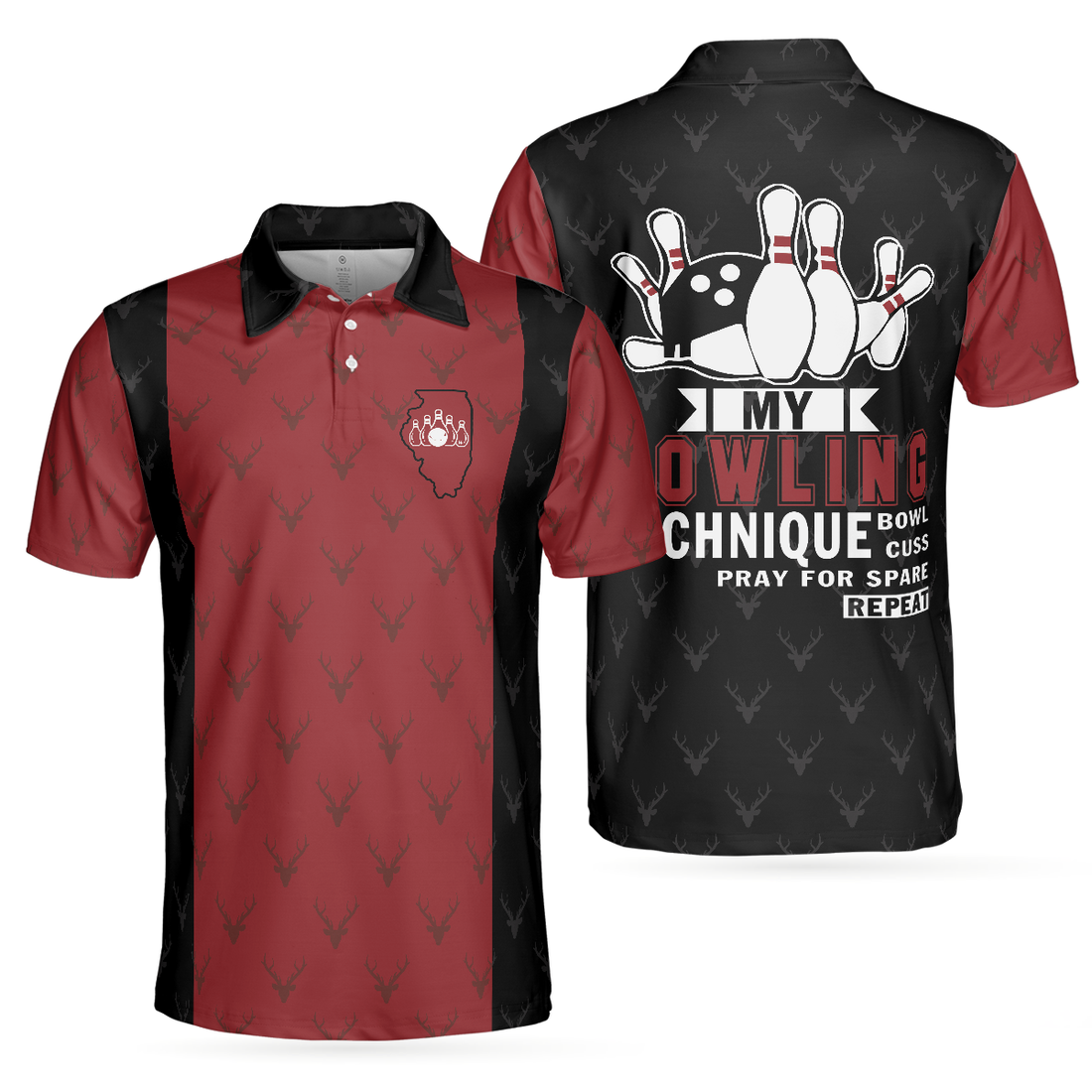 My Bowling Technique Illinois Bowling Polo Shirt Red And Black Bowling Shirt For Men - 1