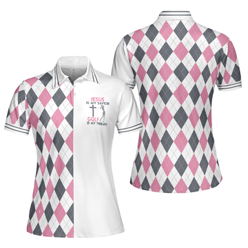 Jesus Is My Savior Golf Is My Therapy Short Sleeve Women Polo Shirt Argyle Pattern Golf Shirt For Ladies - 1