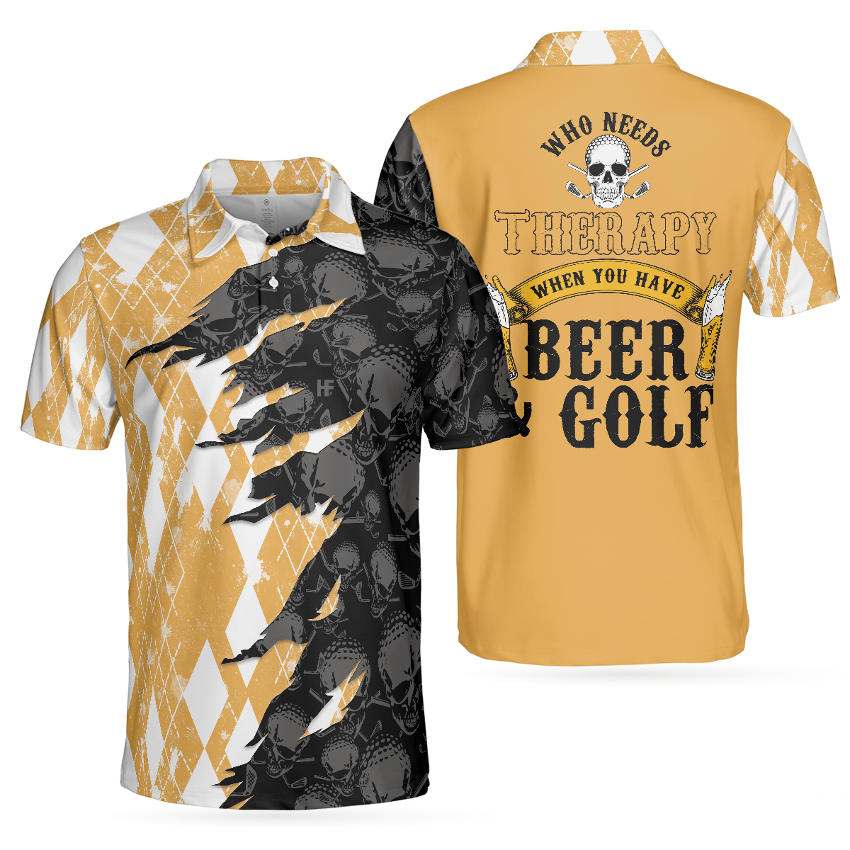 Who Needs Therapy When You Have Beer  Golf Polo Shirt Argyle Pattern Golfing Shirt Design For Drinking Golfers - 1