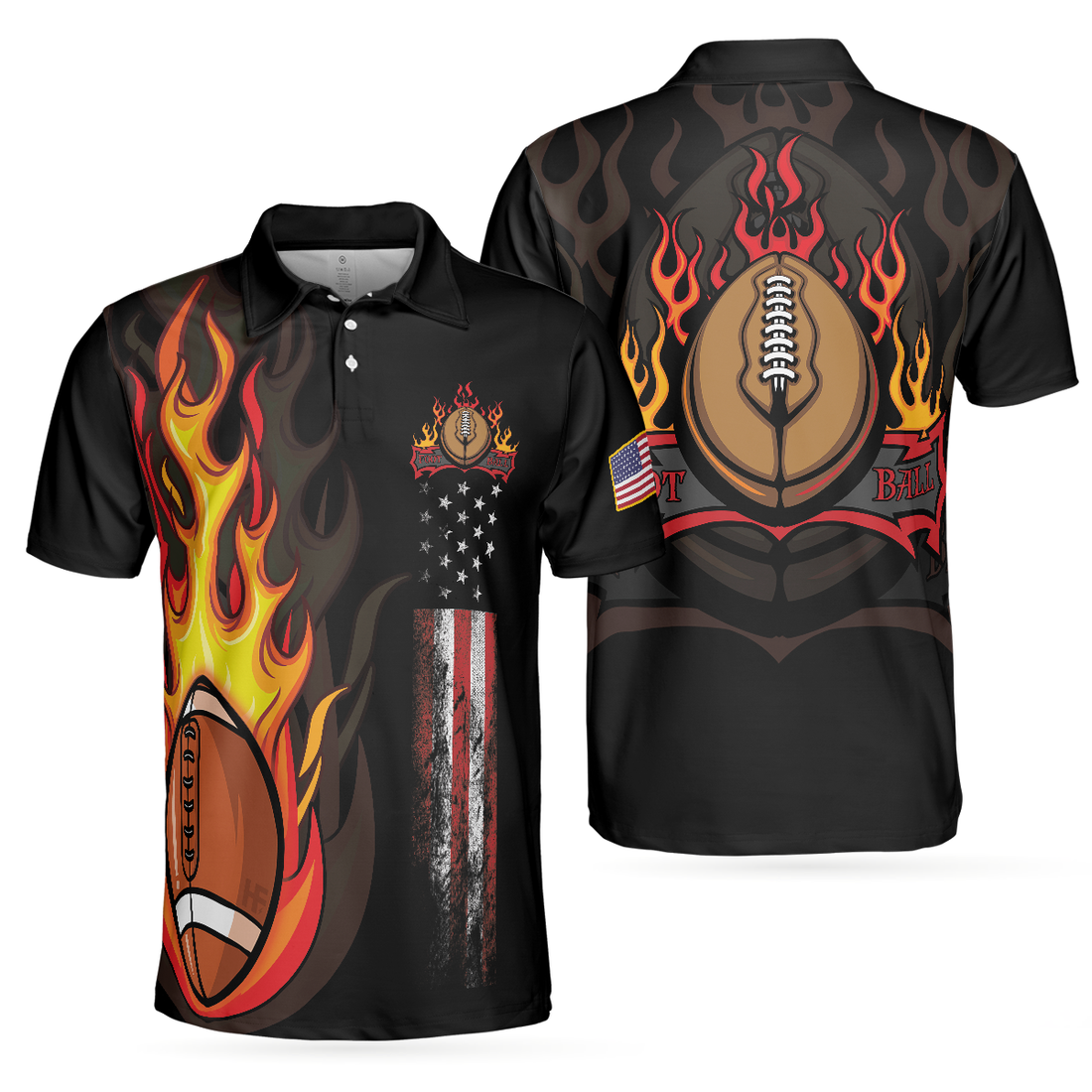 Flame American Football Black Polo Shirt American Flag Football Polo Shirt Best Football Shirt For Men - 1