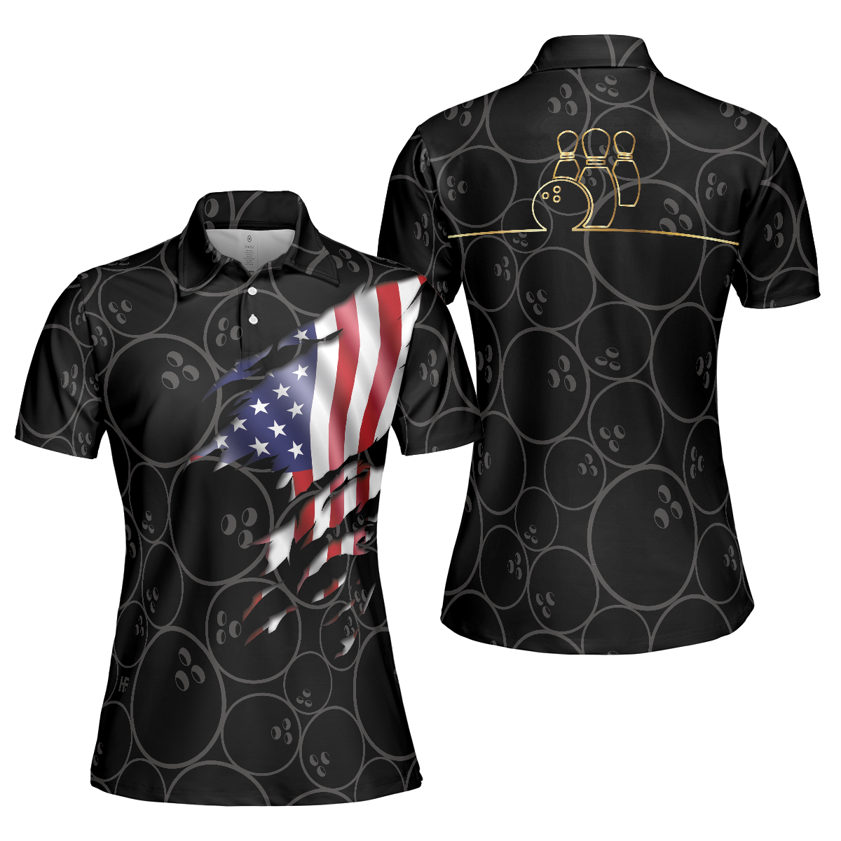 American Flag With Bowling Pattern Short Sleeve Women Polo Shirt - 1