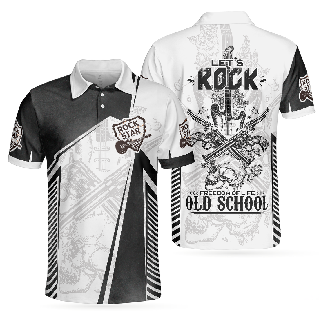 Lets Rock Freedom Of Life Old School Guitar Short Sleeve Polo Shirt Black And White Guitar Shirt For Men - 1