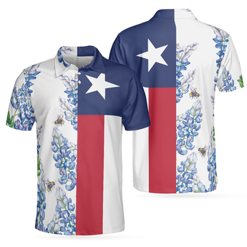 Texas Flag Bluebonnets Polo Shirt For Golf Floral Texas Flag Polo Shirt Texas Proud Shirt For Men - 1