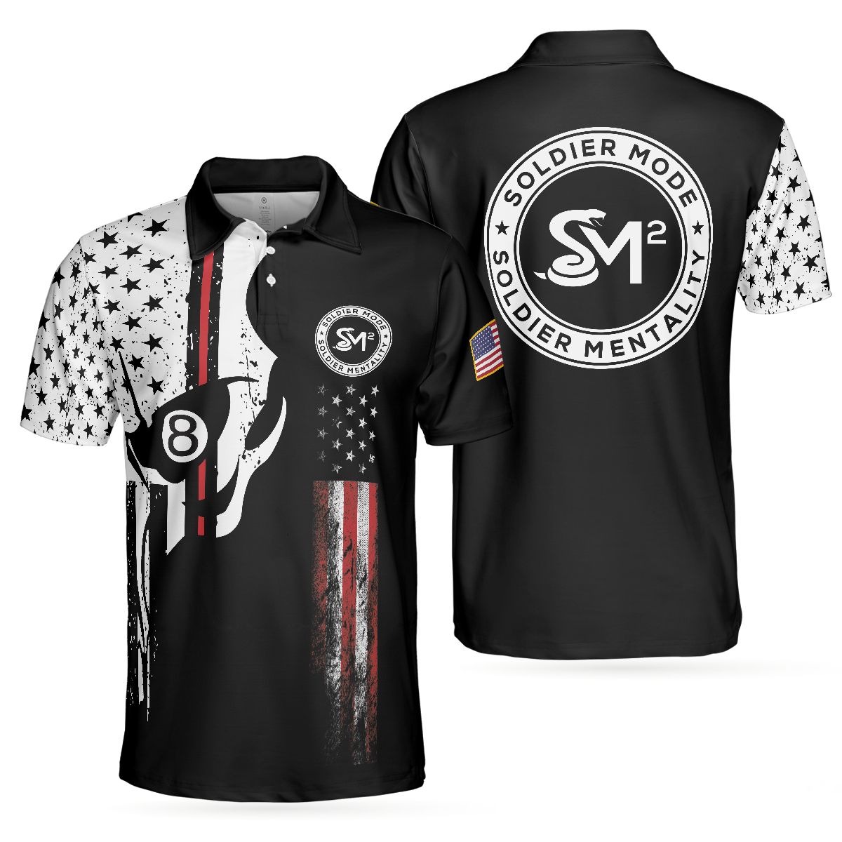 SM2 Skull Black And White American Flag Polo Shirt - 1