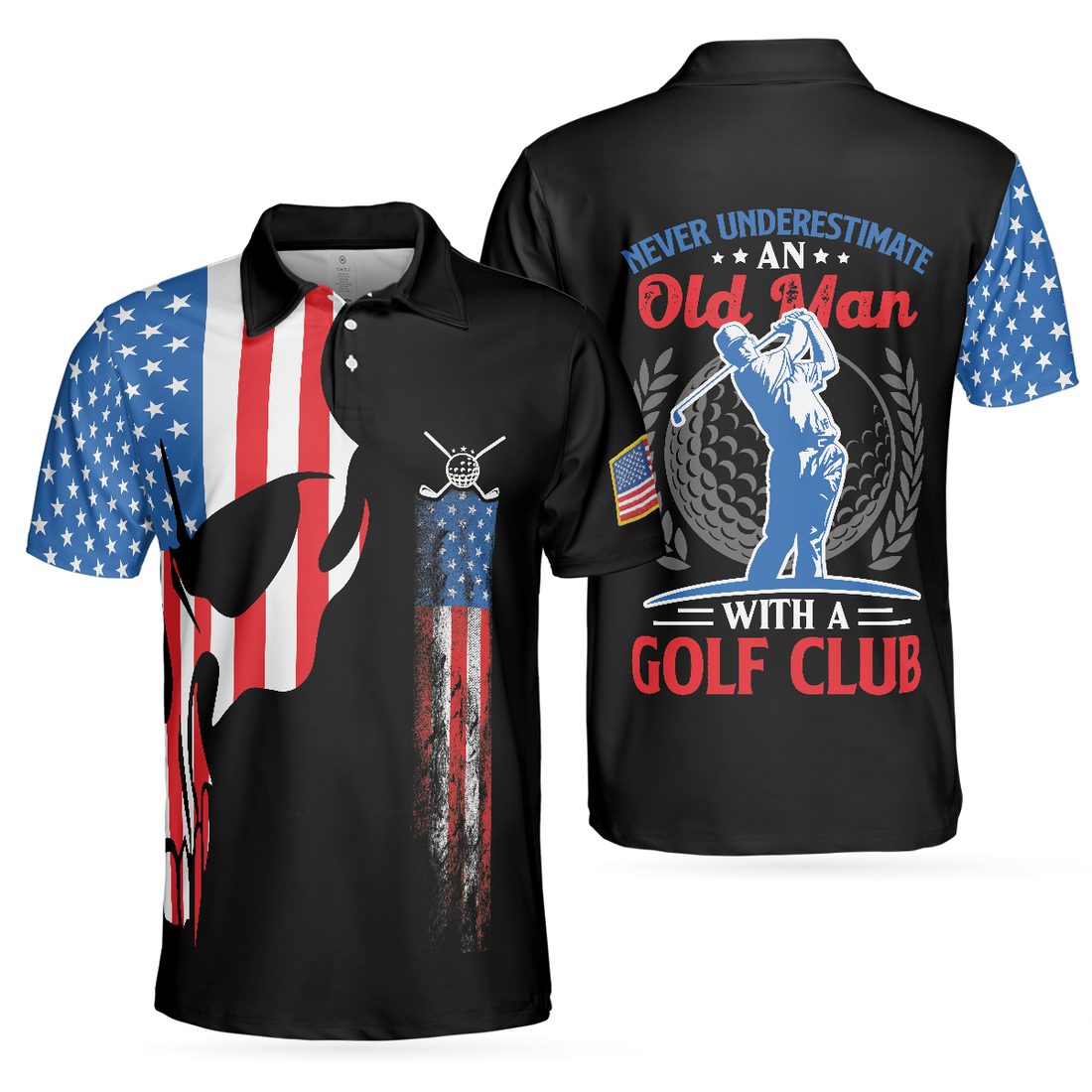 Skull Golf With American Flag Polo Shirt Never Underate An Old Man Golfer Polo Shirt Best Golf Shirt For Men - 1