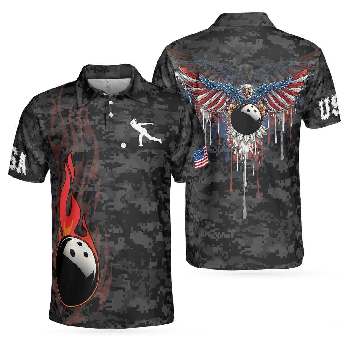 America Eagle Bowling Polo Shirt Camouflage USA Flag Bowling Shirt For Men - 1