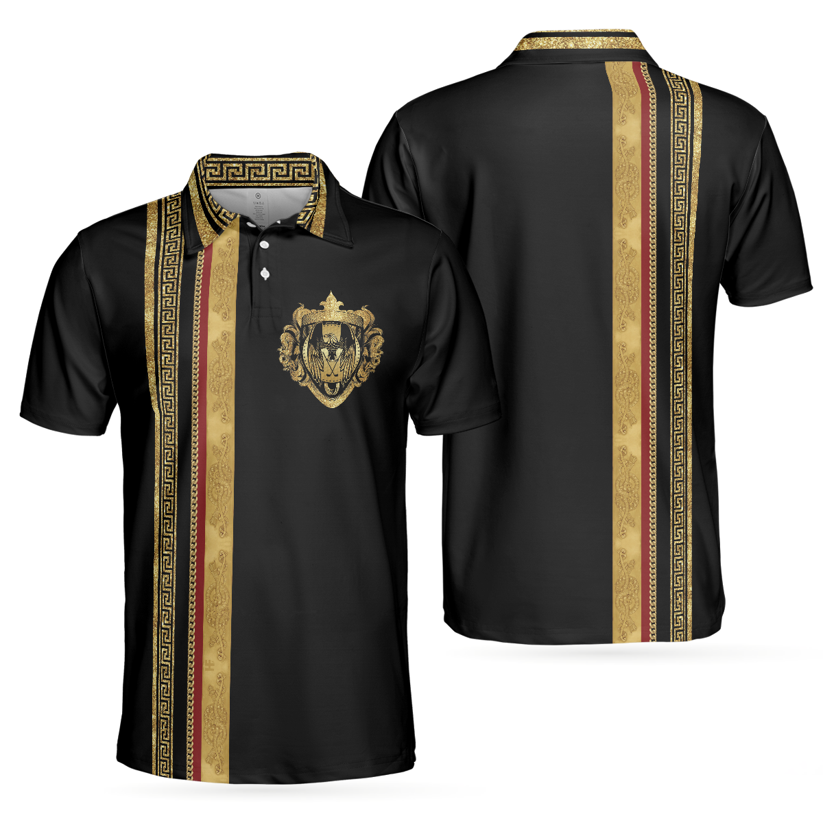 Luxury Baroque Pattern Golf Polo Shirt Golden Greek Key Pattern Polo Shirt Best Golf Shirt For Men - 1