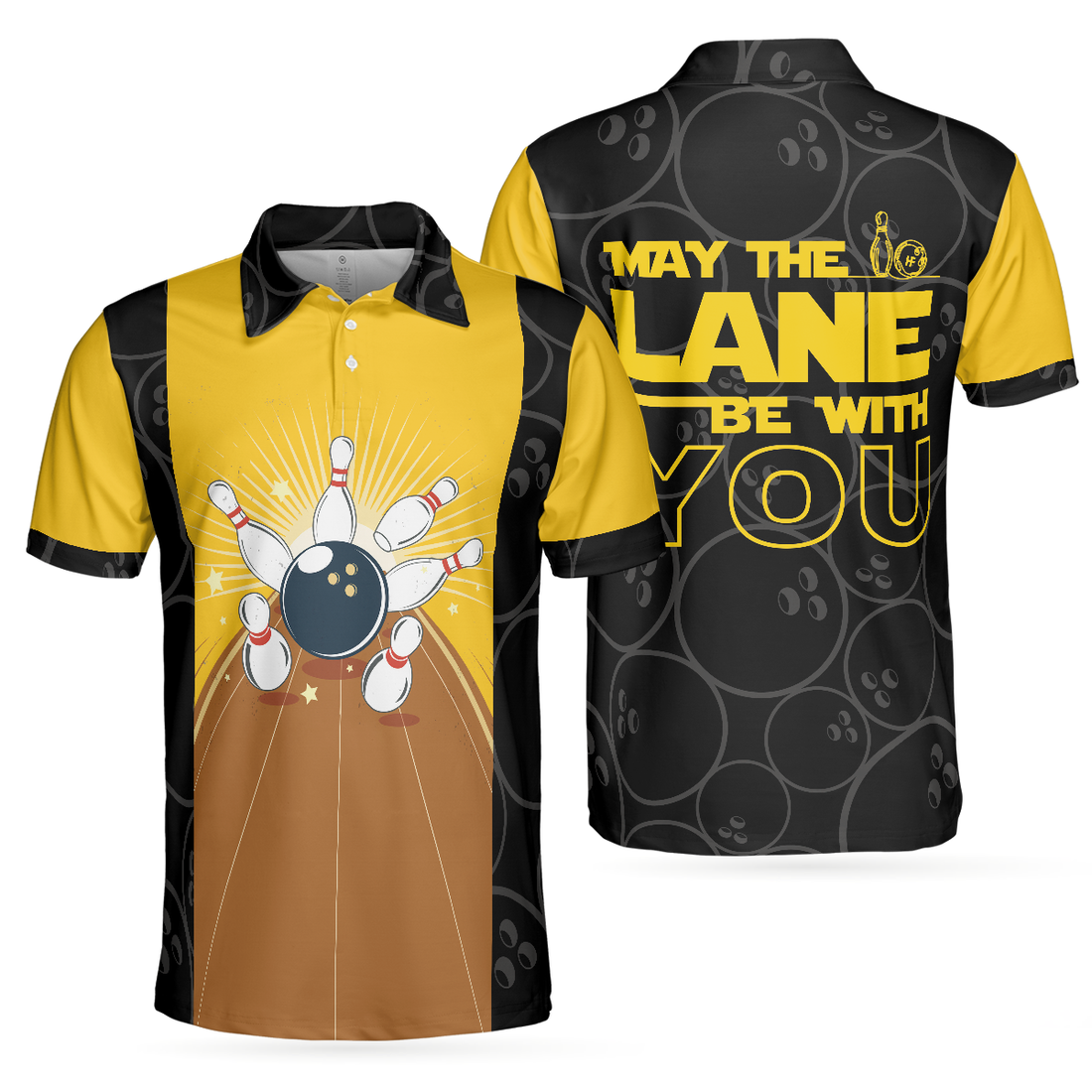 May The Lane Be With You Polo Shirt Black And Yellow Bowling Ball Pattern Shirt Funny Sayings Shirt - 1