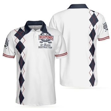 Weapons Of Grass Destruction Short Sleeve Polo Shirt White And Navy Argyle Pattern Polo Shirt Best Golf Shirt For Men - 1