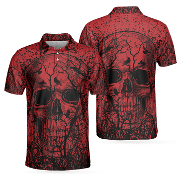 Skull Crow Black And Red Short Sleeve Polo Shirt Dark Forrest Skull Crow Shirt For Men - 1