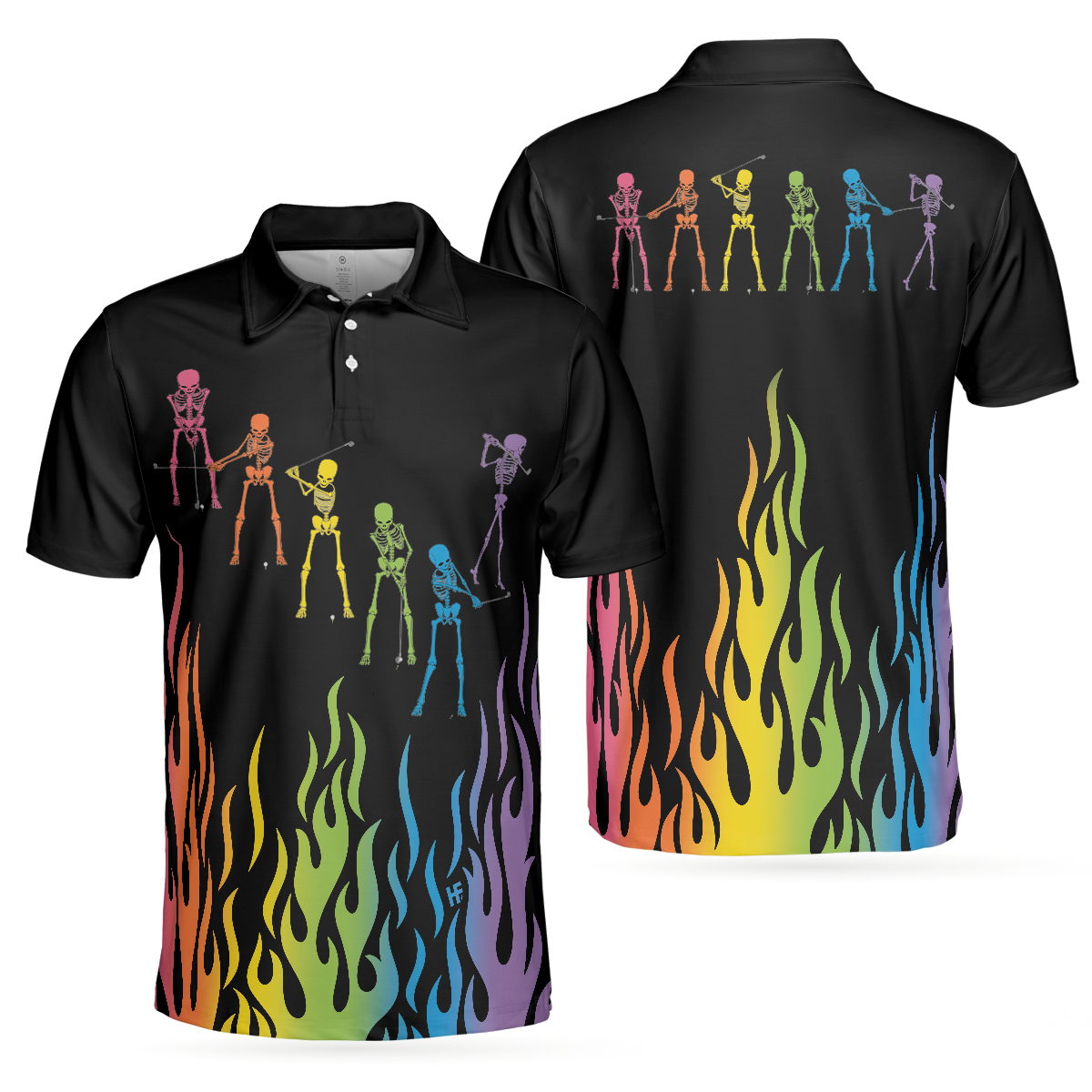 Skeleton Playing Golf Polo Shirt Rainbow Pallette Fire Golfing Polo Shirt Cool Golf Shirt For Men - 1