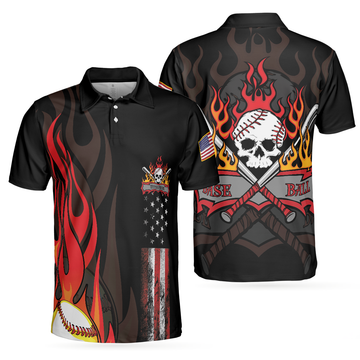 Flame Baseball Skull Polo Shirt Baseball American Flag Polo Shirt Best Baseball Shirt For Men - 1