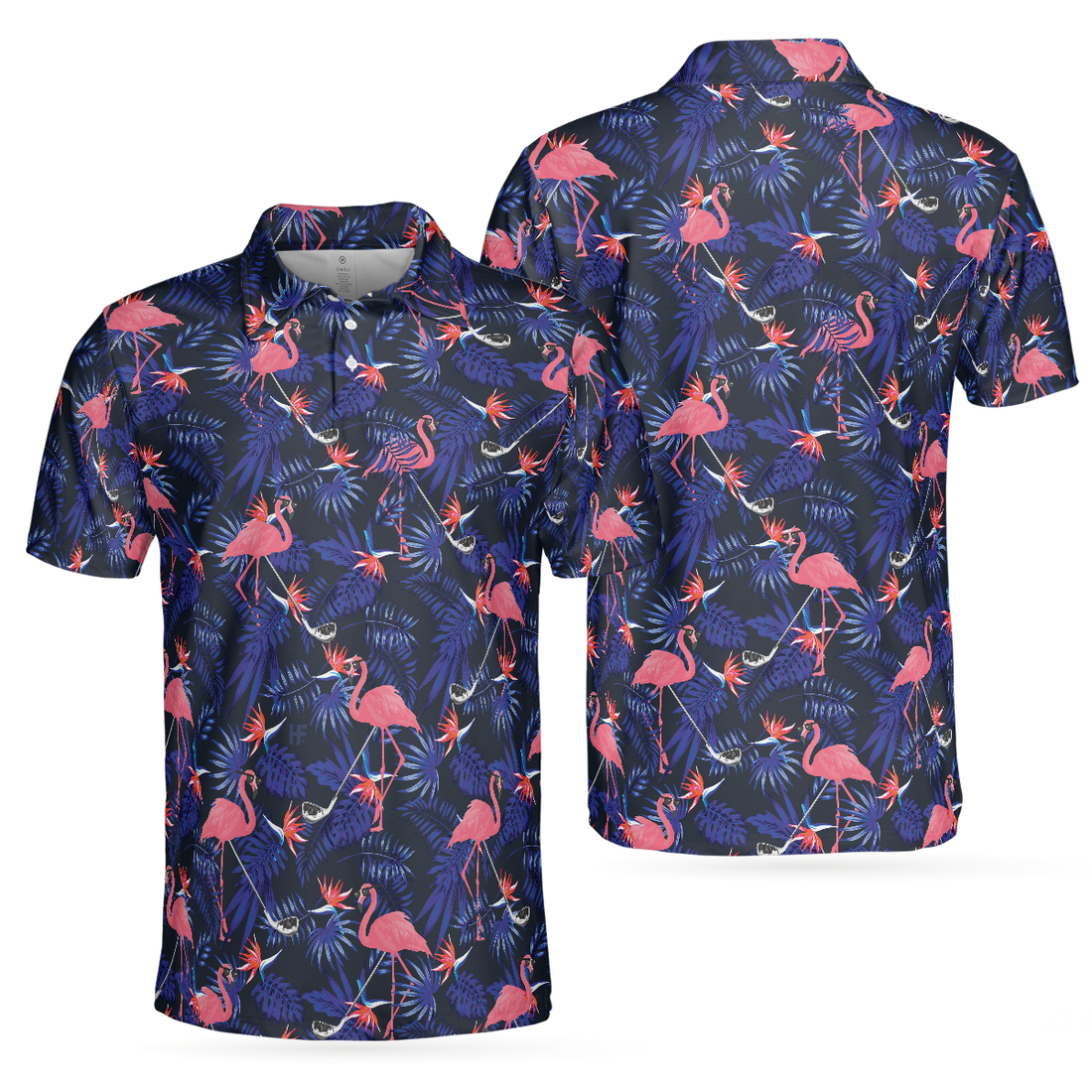 Flower And Flamingo Golf Polo Shirt Blue Flamingo Pattern Shirt For Golf Players Gift For Flamingo Fans - 1