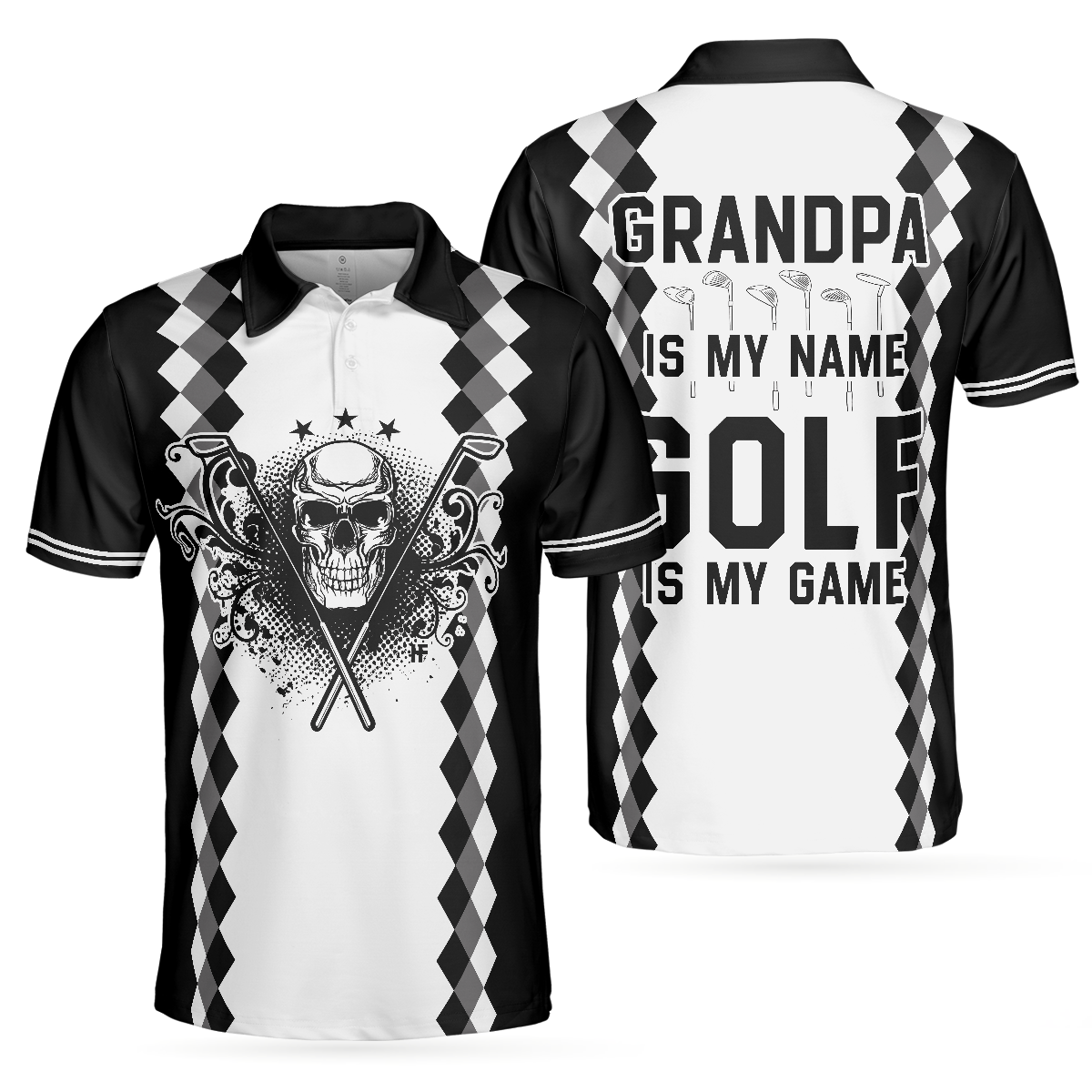 Grandpa Is My Name Golf Is My Game Golf Polo Shirt Black And White Argyle Pattern Golf Shirt For Men - 1
