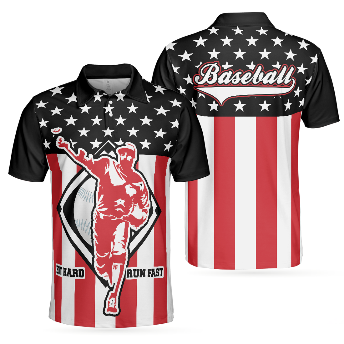 Baseball Hit Hard Run Fast Short Sleeve Polo Shirt Black Theme American Flag Polo Shirt Best Baseball Shirt For Men - 1