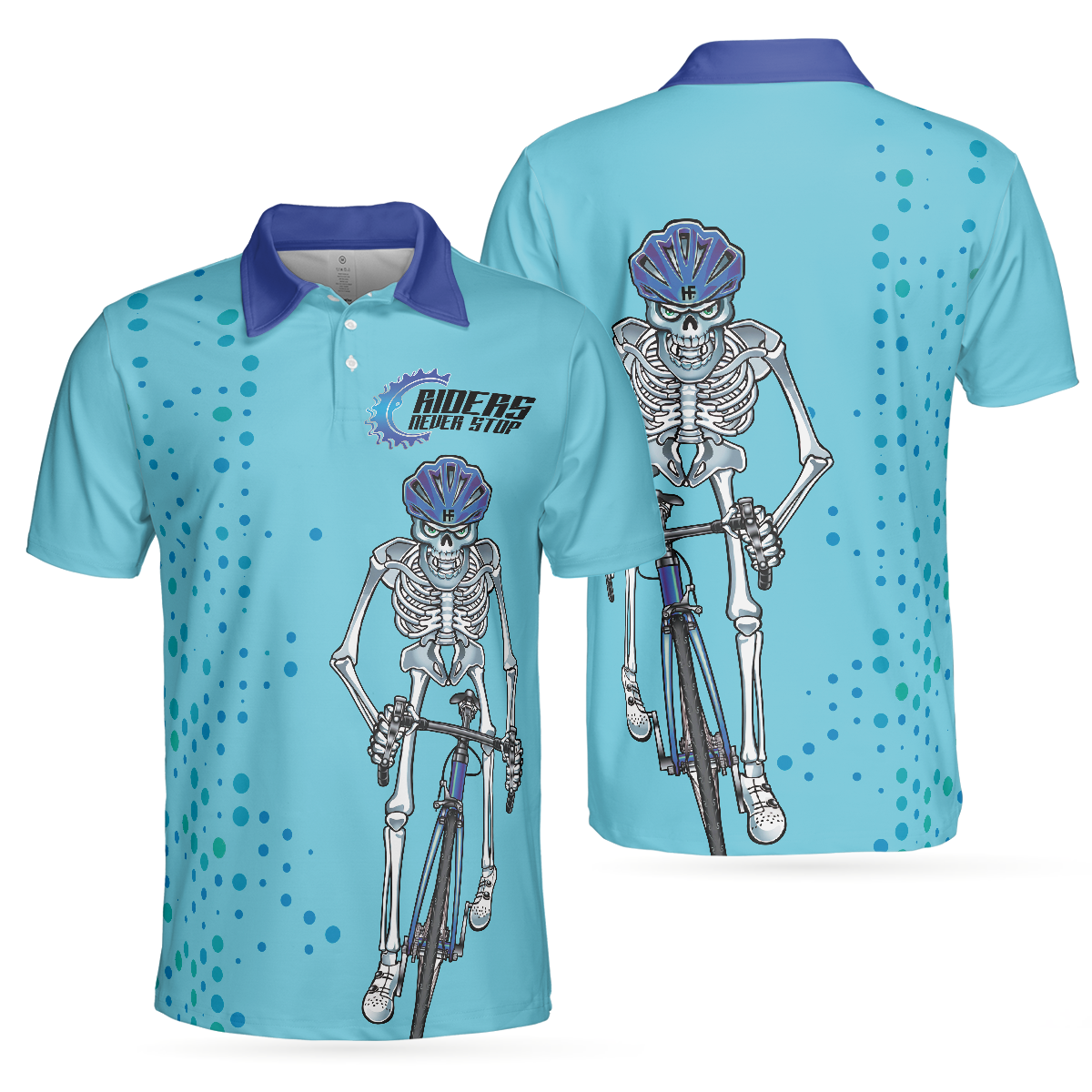 Riders Never Stop Skull Short Sleeve Polo Shirt Blue Skeleton Cyclist Polo Shirt Best Cycling Shirt For Men - 1