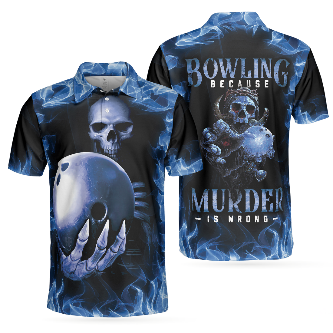 Bowling Murder Polo Shirt Blue Flame Pattern Bowling Polo Shirt Scary Skull Shirt Design For Halloween - 1