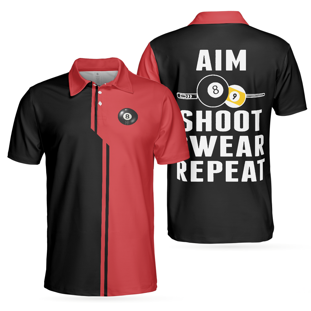 Aim Shoot Swear Repeat V2 Polo Shirt Black And Red Billiards Shirt For Men Gift For Billiards Lovers - 1