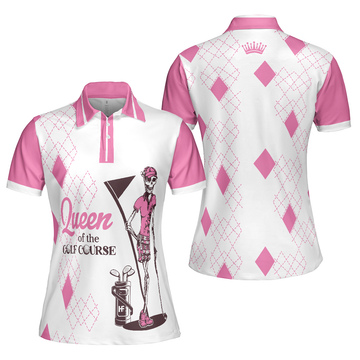 Queen Of The Golf Short Sleeve Women Polo Shirt White And Pink Argyle Pattern Golf Shirt For Women - 1