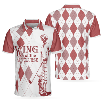 King Of The Golf Course Golf Polo Shirt Red Argyle Pattern Skeleton Golfer Polo Shirt Best Golf Shirt For Men - 1