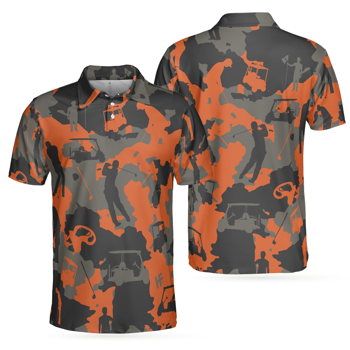 Orange Camouflage Golf Polo Shirt Golfer Silhouette Pattern Polo Shirt Camo Golf Shirt For Men - 1