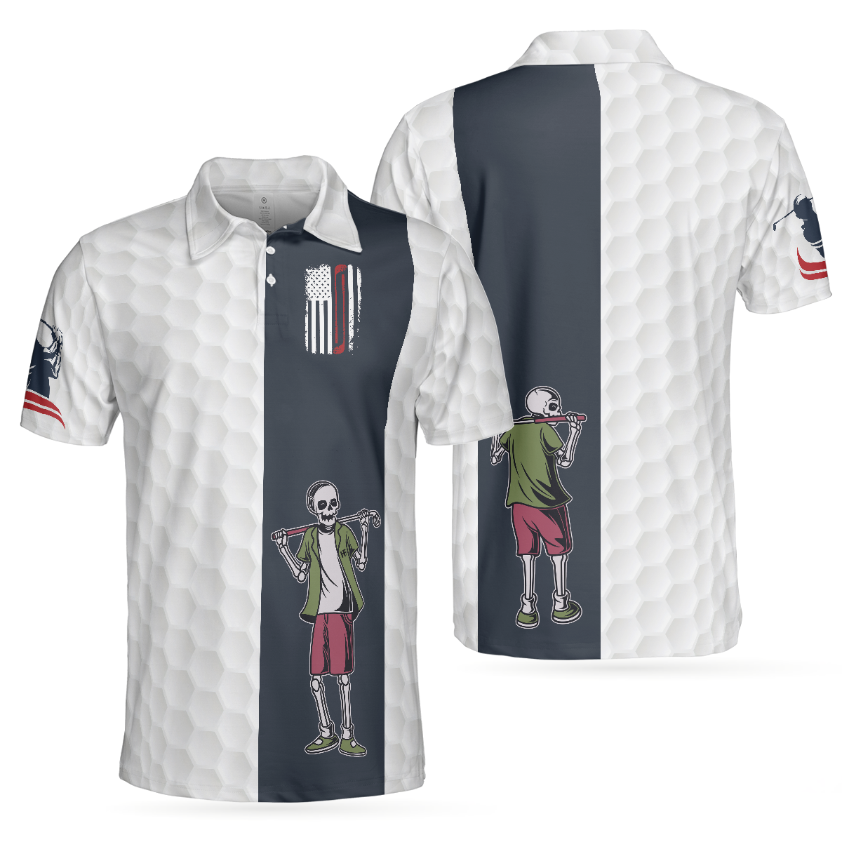 Youngster Skeleton Golf Lover American Flag Polo Shirt White American Flag Golf Shirt For Men - 1