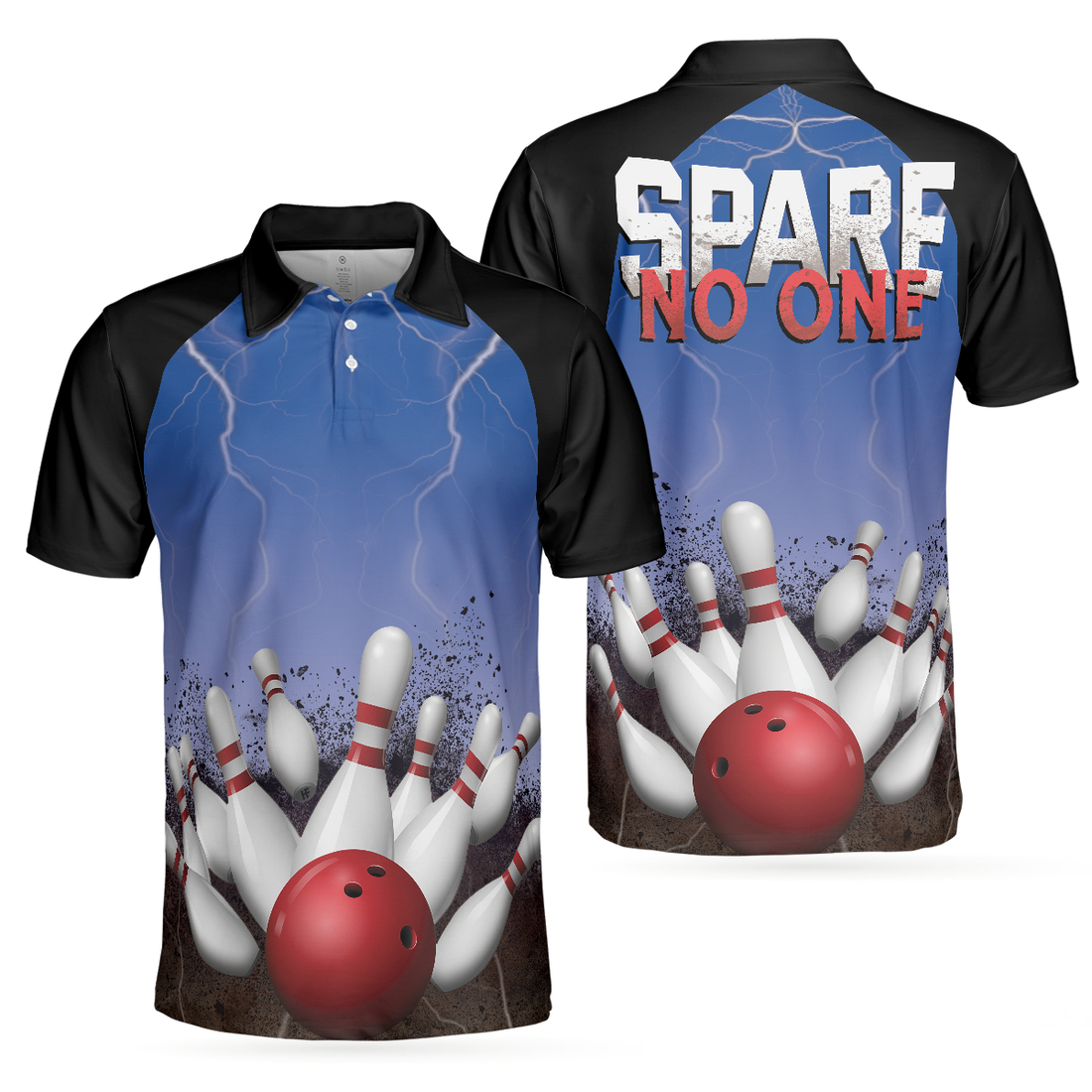 Spare No One Bowling Polo Shirt Black And Blue Tenpin Bowling Shirt For Men Cool Bowling Gift Idea - 1