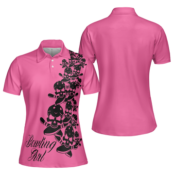 Bowling Girl Skull Short Sleeve Women Polo Shirt Pink Skull Pattern Bowling Shirt For Female Players - 1