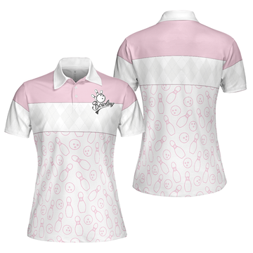 Pink Bowling Balls And Pins Pattern Bowling Short Sleeve Women Polo Shirt White Bowling Polo Shirt For Ladies - 1