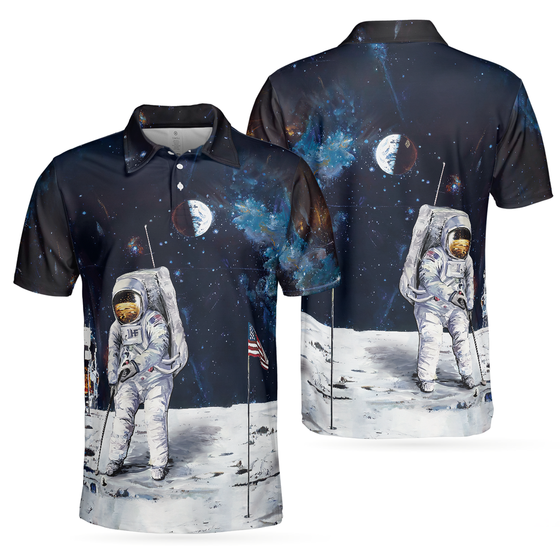 Astronaut Moon Golf Short Sleeve Polo Shirt For Golf American Flag Polo Shirt Best Golf Shirt For Men - 1