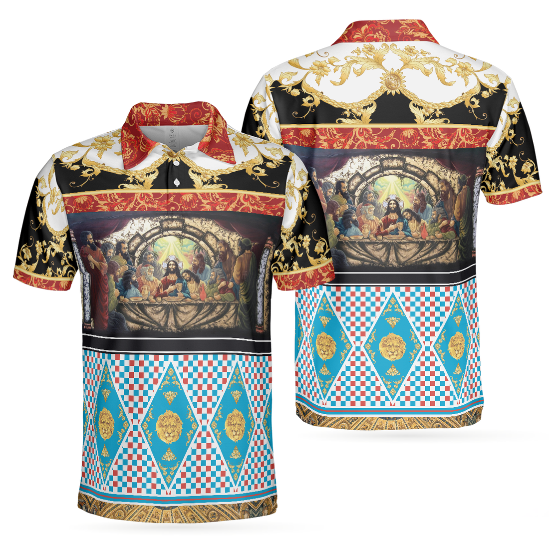 The Last Supper Renaissance Pattern Polo Shirt Luxury Gold Brocade Pattern Christian Shirt For Men - 1