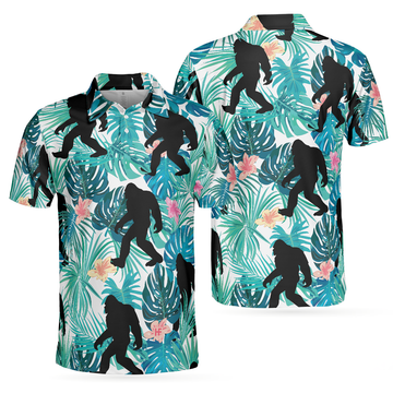 Bigfoot Tropical Short Sleeve Polo Shirt Floral And Leaves Polo Shirt Best Bigfoot Shirt For Men - 1