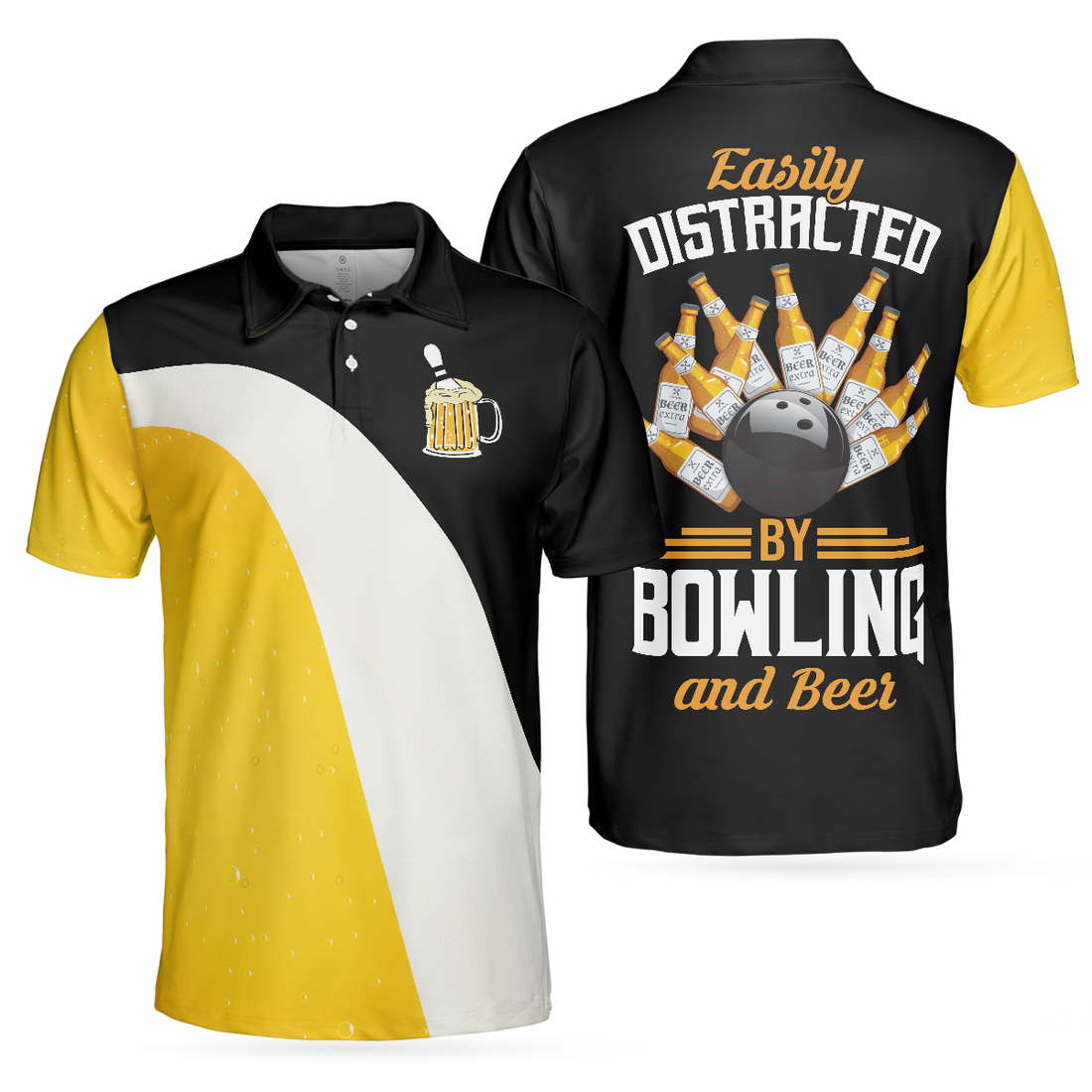 Easily Distracted By Bowling And Beer V2 Polo Shirt Funny Drinking Bowling Polo Shirt Best Bowling Gift Idea - 1