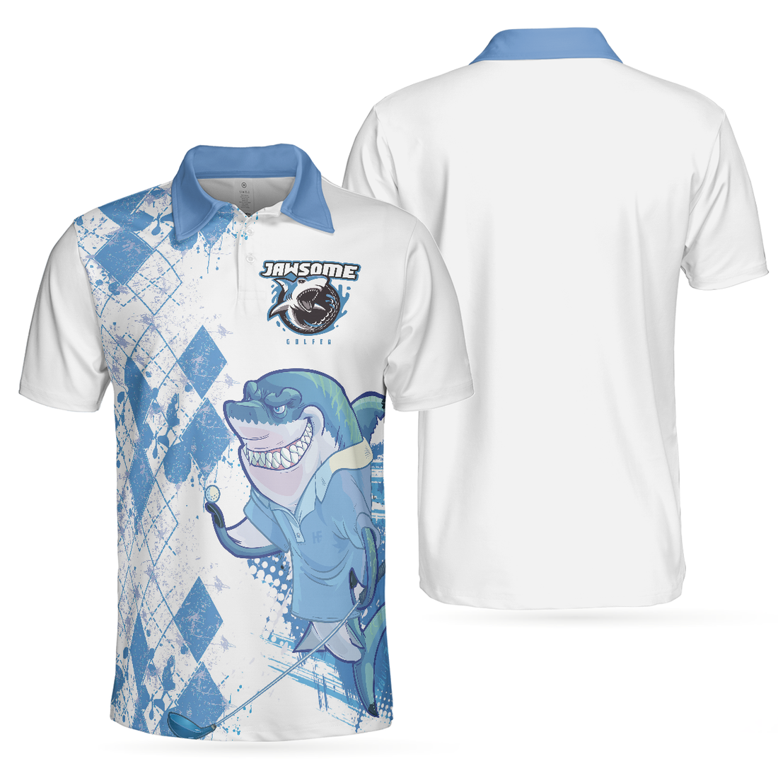 Jawsome Golfer Shark Short Sleeve Golf Polo Shirt Argyle Pattern Polo Shirt Best Golf Shirt For Men - 1