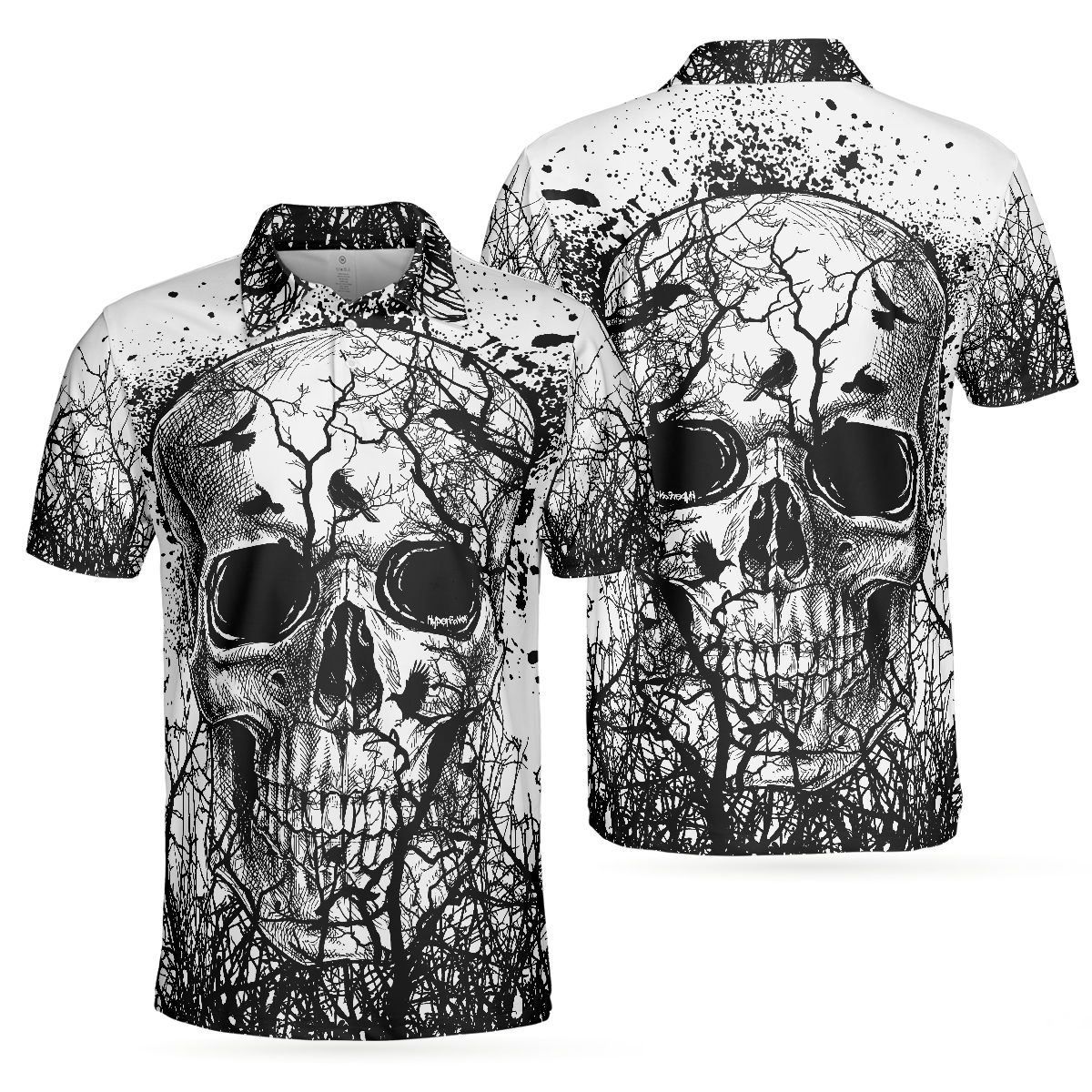 Skull Crow Black And White Short Sleeve Polo Shirt Dark Forrest Skull Crow Shirt For Men - 1