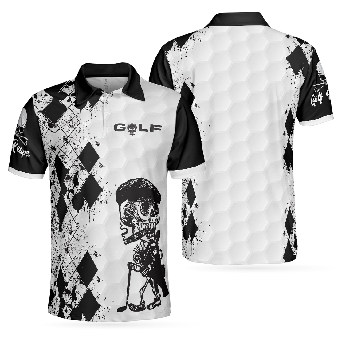 Skull Golf Reaper Polo Shirt Black And White Argyle Pattern Polo Shirt Best Golf Shirt For Men - 1