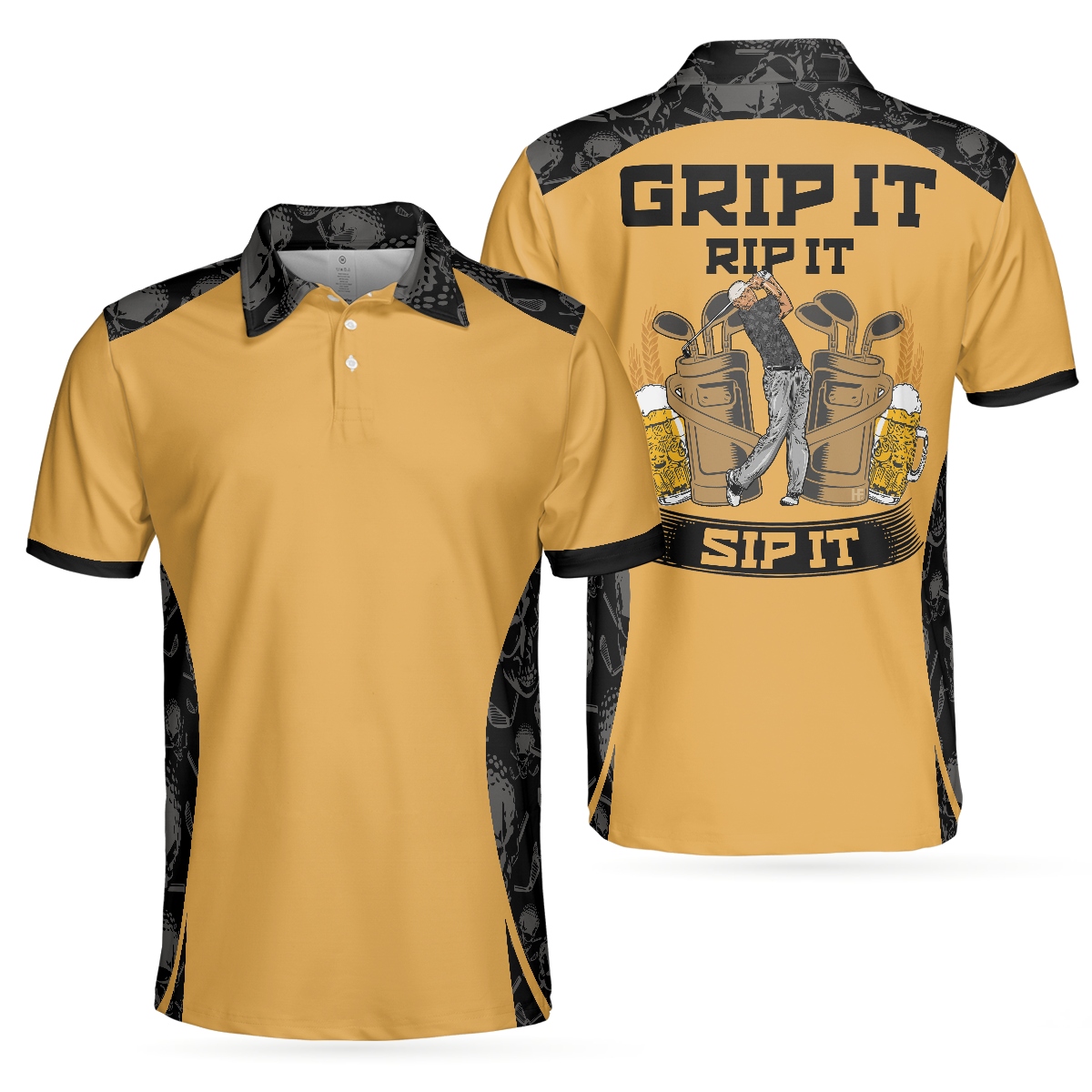 Grip It Rip It Sip It Golf Polo Shirt Skull Pattern Shirt For Halloween Scary Gift Idea For Golfers - 1