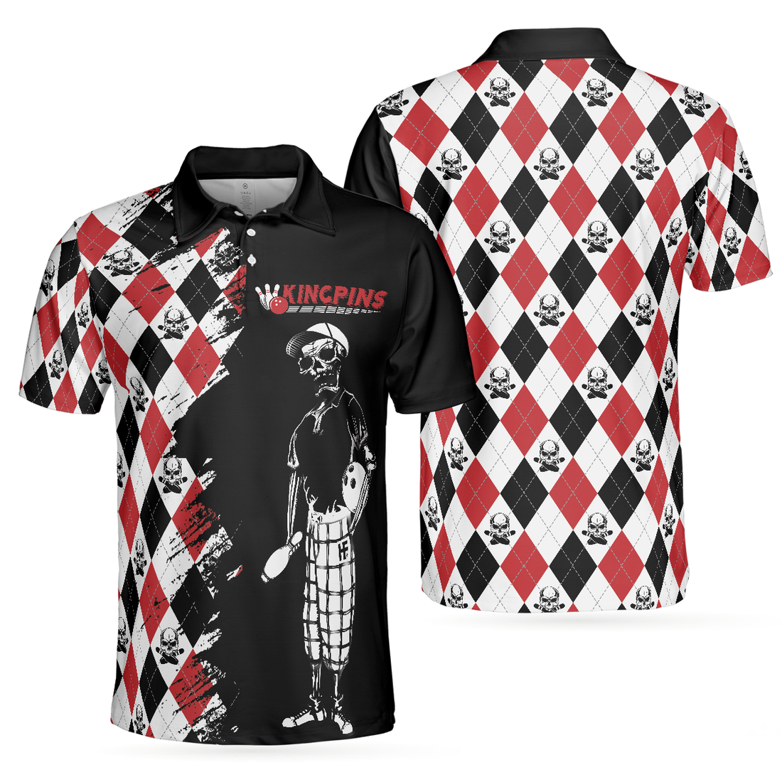 Bowling Red Black White Skull Pattern Short Sleeve Polo Shirt Argyle Pattern Polo Shirt Best Bowling Shirt For Men - 1