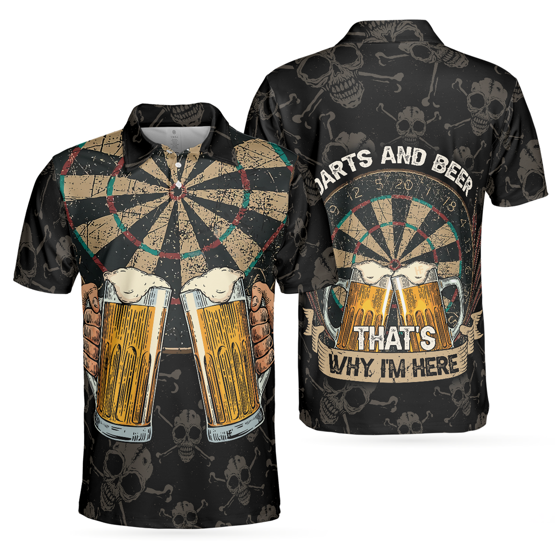 Darts And Beer Thats Why Im Here Short Sleeve Polo Shirt Skull Darts Print Shirt For Men - 1