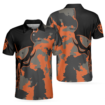 Skull Orange Camouflage Golf Polo Shirt Streetwear Camo Golf Shirt For Men - 1