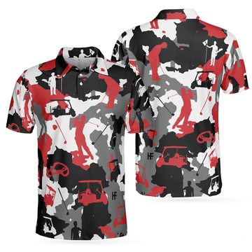 Red And White Camouflage Golf Short Sleeve Polo Shirt Golfer Silhouette Polo Shirt Camo Golf Shirt For Men - 1