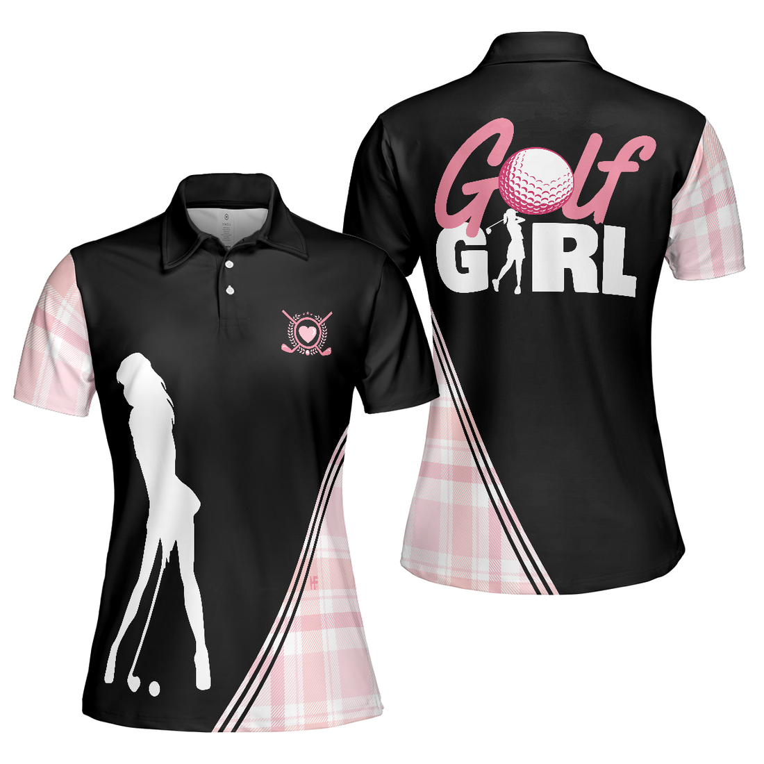 Golf Girl In Black And Pink Plaid Pattern Golf Short Sleeve Women Polo Shirt Unique Golf Shirt For Ladies - 1