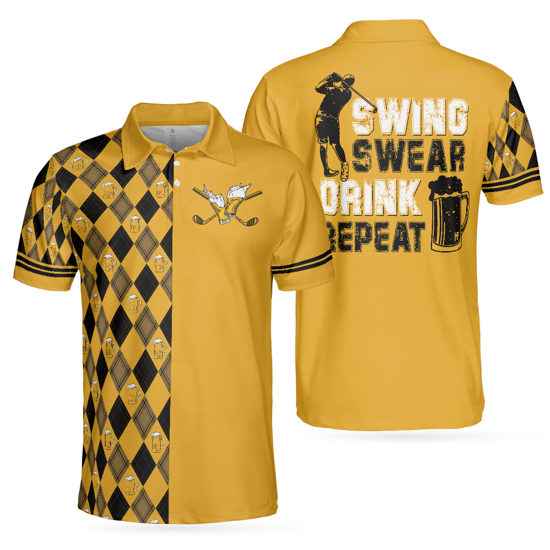 Swing Swear Drink Repeat Polo Shirt Black And Yellow Argyle Pattern Shirt Swag Golf Gift For Golfers - 1