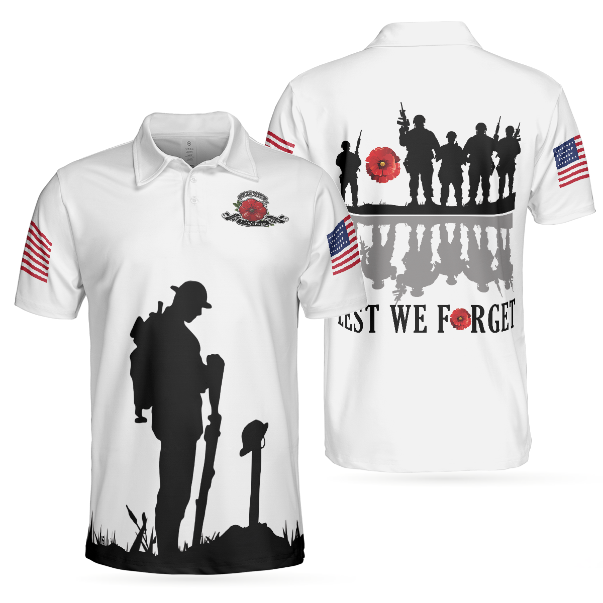 Lest We Forget Veteran Polo Shirt White American Flag Veterans Day Shirt Best Gift For Veterans - 1