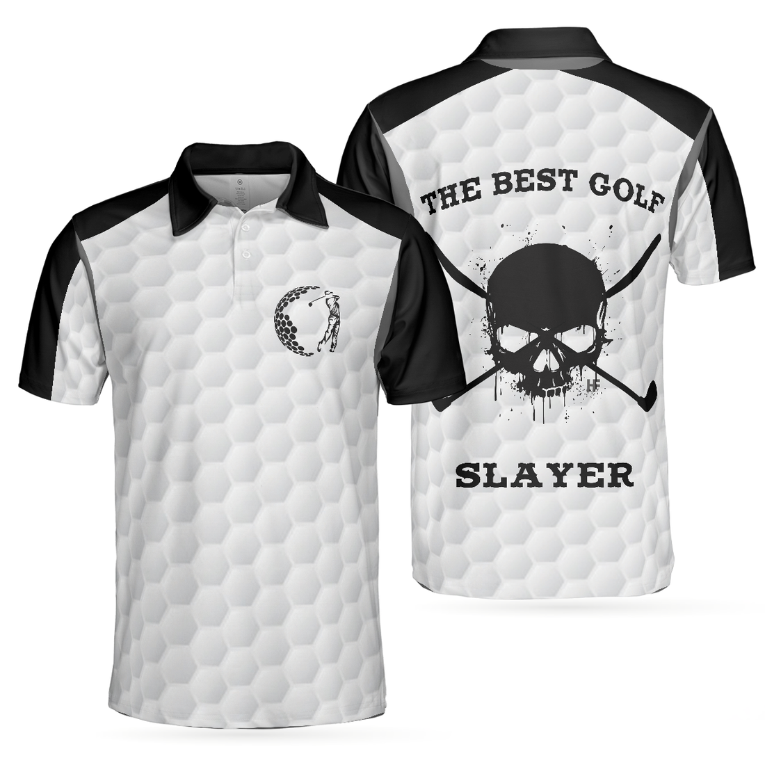 The Best Golf Slayer Wet Ink Skull Polo Shirt Black Shoulder White Golf Pattern Polo Shirt Best Golf Shirt For Men - 1