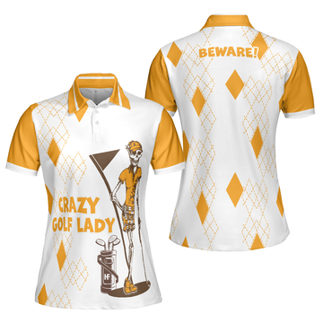 Crazy Golf Lady Short Sleeve Women Polo Shirt White And Yellow Golf Shirt For Ladies Funny Female Golf Gift - 1