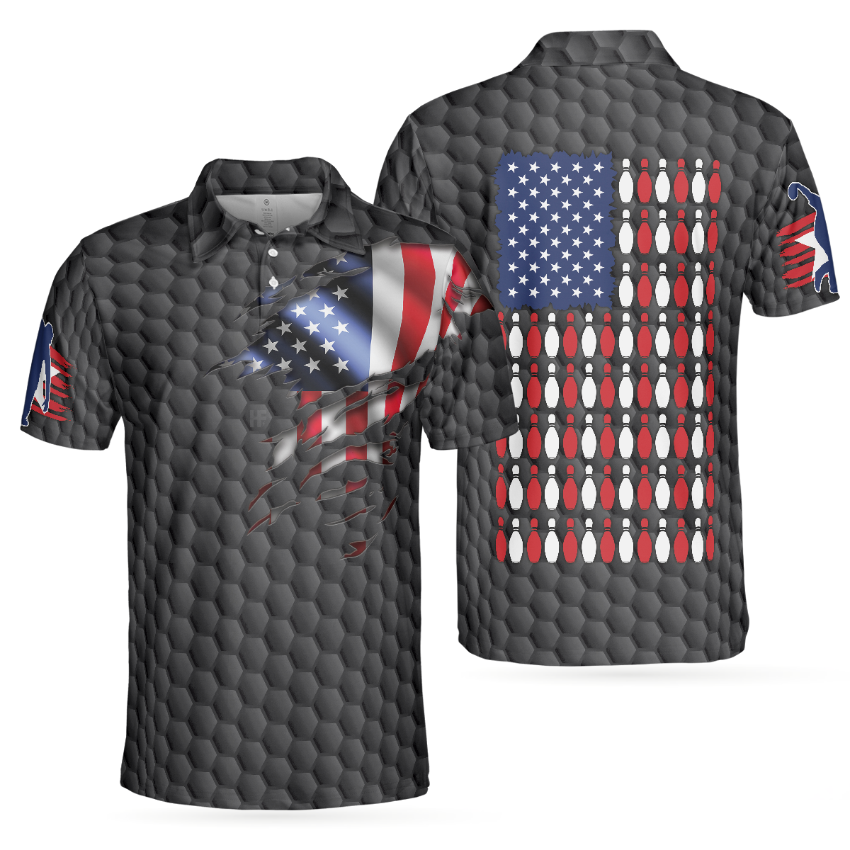 Bowling Pin American Flag Polo Shirt Black Ten Pin Bowling Polo Shirt Bowling Gift Idea For Bowlers - 1