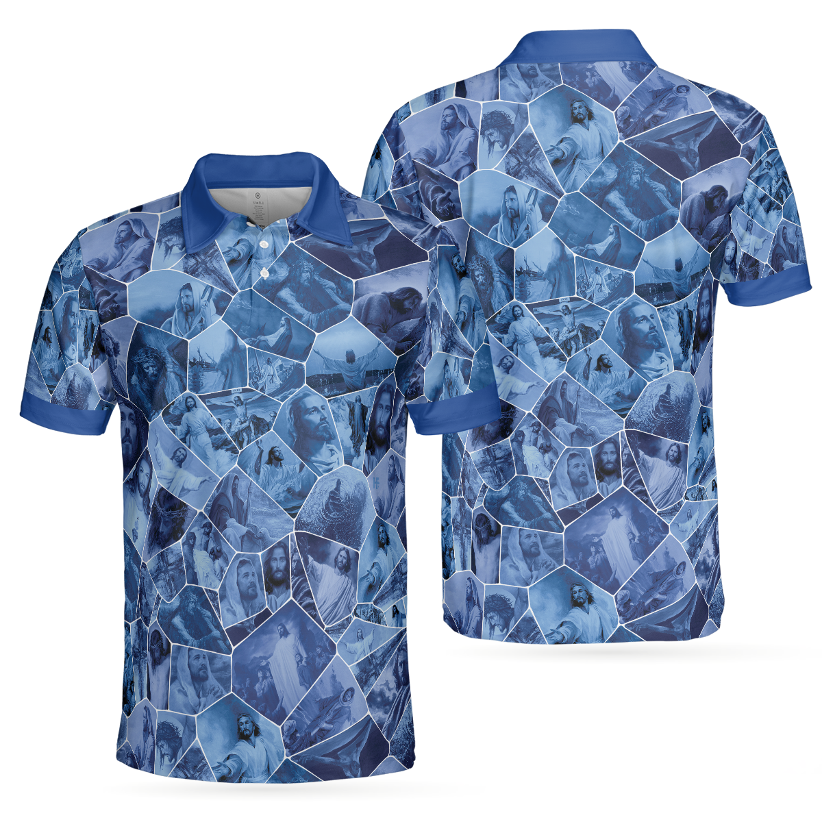 Holy Blue Stained Glass Polo Shirt Blue Jesus Gallery Polo Shirt Best Christian Shirt For Men - 1