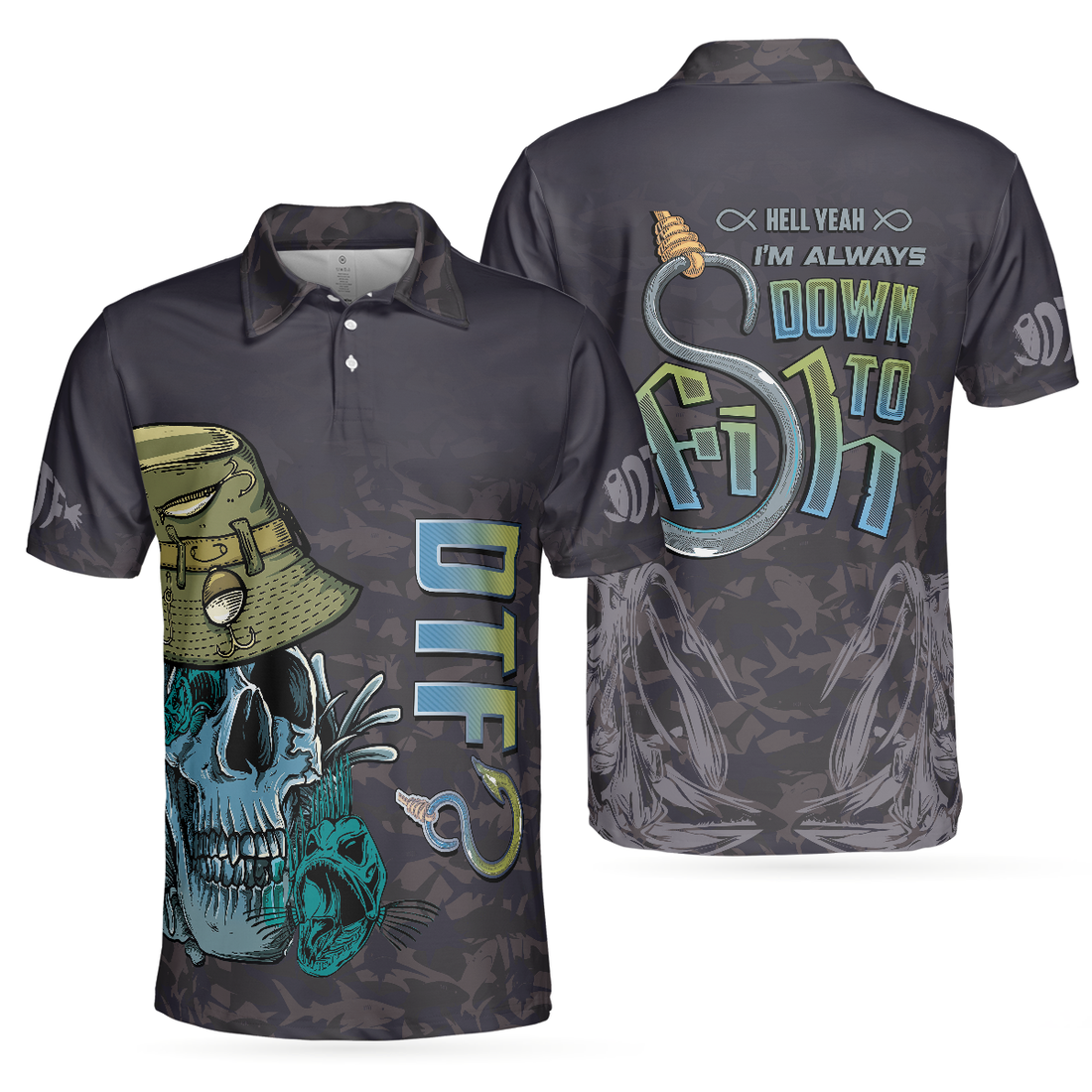 Im Always DTF Down To Fish Fishing Polo Shirt Black Skull Polo Shirt Best Fishing Shirt For Men - 1