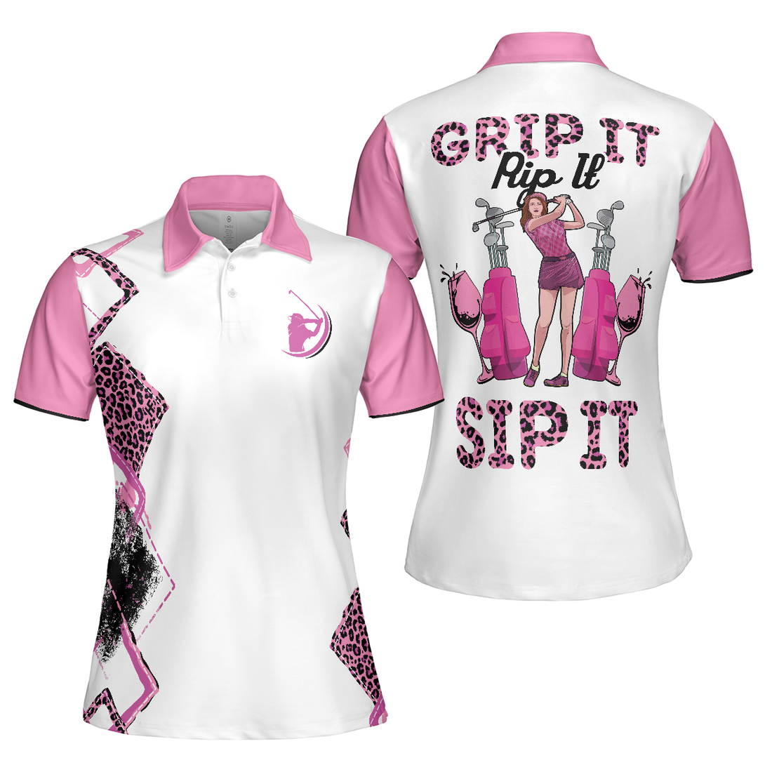 Grip It Rip It Sip It Short Sleeve Women Polo Shirt Pink Leopard Pattern Golf Shirt For Ladies - 1